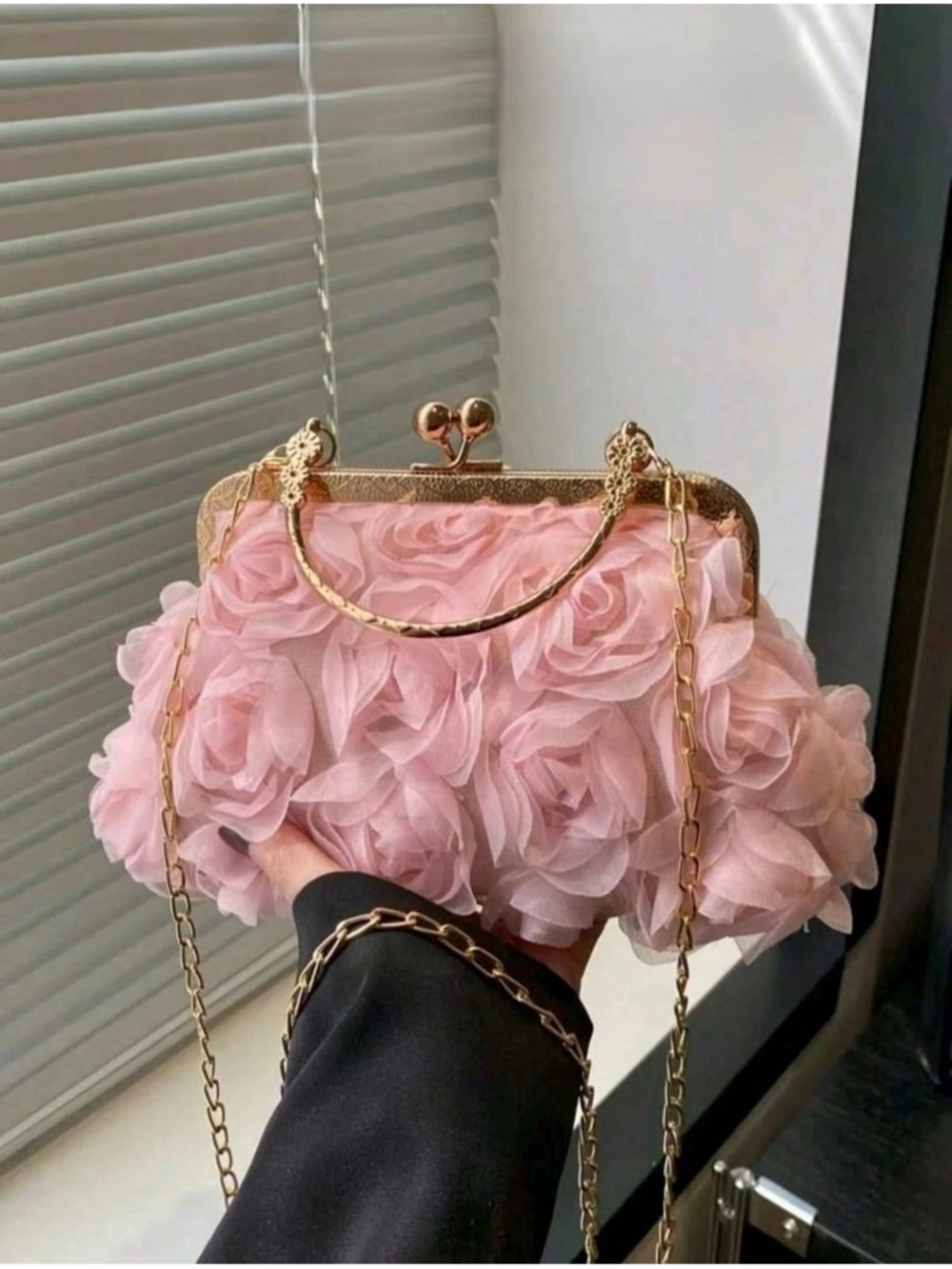Pink 3D Floral Rose Clutch Bags Womens Wedding Prom Party Evening Purses Chain